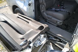 With the sliding door completely free at both rear and front latches, it can be laid flat and forced rearward until the rollers release. The large roller arms can be forced off of the van (it doesn’t take much effort to get a roller to pop out of its track) or cut. With the sliding door completely free at both rear and front latches, it can be laid flat and forced rearward until the rollers release. The large roller arms can be forced off of the van (it doesn’t take much effort to get a roller to pop out of its track) or cut.