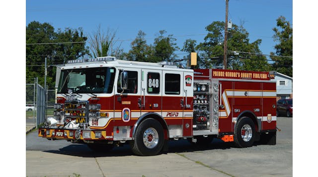 The Prince George&rsquo;s County, MD, Fire/EMS Department has developed a standard engine company design, as shown on this 2021 Pierce Enforcer rig, which features a short wheelbase (with an overall length of 29 feet, 4 inches), an aluminum body, a low rear hosebed and lowered ground ladders on the right side of the body.