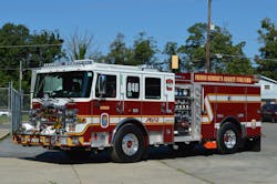 The Prince George’s County, MD, Fire/EMS Department has developed a standard engine company design, as shown on this 2021 Pierce Enforcer rig, which features a short wheelbase (with an overall length of 29 feet, 4 inches), an aluminum body, a low rear hosebed and lowered ground ladders on the right side of the body. The Prince George’s County, MD, Fire/EMS Department has developed a standard engine company design, as shown on this 2021 Pierce Enforcer rig, which features a short wheelbase (with an overall length of 29 feet, 4 inches), an aluminum body, a low rear hosebed and lowered ground ladders on the right side of the body.