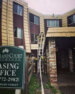 Members should bring the preferred hoseline up through the window of the apartment that’s adjacent to the fire apartment and ensure that there’s enough working line to make it to and to cover the entire fire apartment. Members should bring the preferred hoseline up through the window of the apartment that’s adjacent to the fire apartment and ensure that there’s enough working line to make it to and to cover the entire fire apartment.