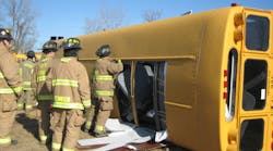 When a school bus that’s involved in a crash comes to rest on its side, its roof can be breached quickly to provide access, including to remove victims and to provide a path for sending in equipment. When a school bus that’s involved in a crash comes to rest on its side, its roof can be breached quickly to provide access, including to remove victims and to provide a path for sending in equipment.