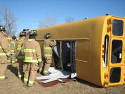 When a school bus that’s involved in a crash comes to rest on its side, its roof can be breached quickly to provide access, including to remove victims and to provide a path for sending in equipment. When a school bus that’s involved in a crash comes to rest on its side, its roof can be breached quickly to provide access, including to remove victims and to provide a path for sending in equipment.