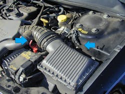 Cables that are connected to the readily accessible positive and negative jump-start terminals were double-cut (blue arrows), but this was a waste of time. Cutting the remote jump-start cables on this vehicle, as with almost all vehicles, doesn’t shut down electrical power that comes from the 12-volt battery. Cables that are connected to the readily accessible positive and negative jump-start terminals were double-cut (blue arrows), but this was a waste of time. Cutting the remote jump-start cables on this vehicle, as with almost all vehicles, doesn’t shut down electrical power that comes from the 12-volt battery.