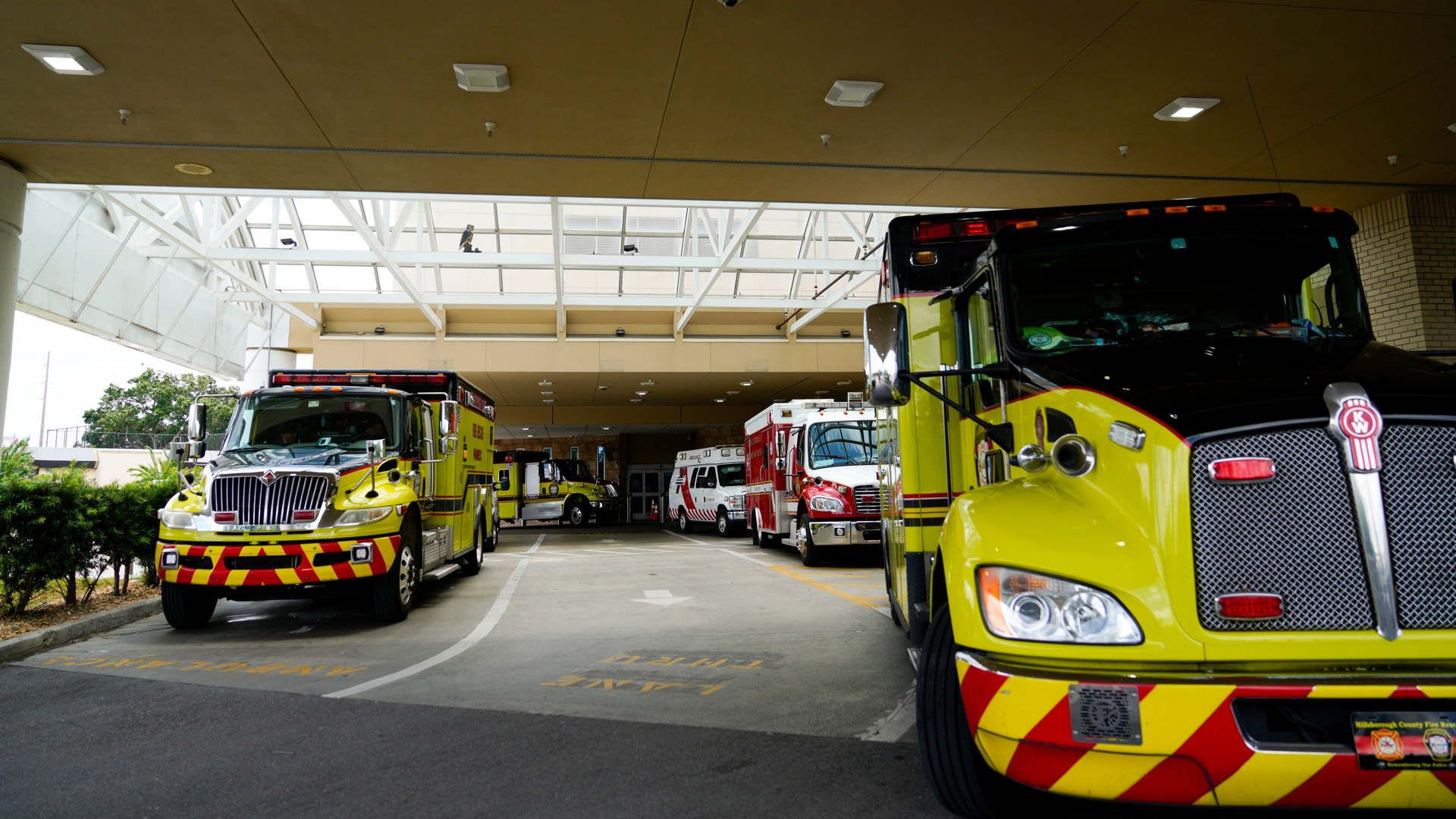 A busy ambulance bay at St. Joseph's Hospital in Tampa, FL, on Aug. 18, 2021.