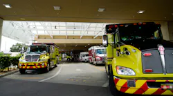 A busy ambulance bay at St. Joseph's Hospital in Tampa, FL, on Aug. 18, 2021.