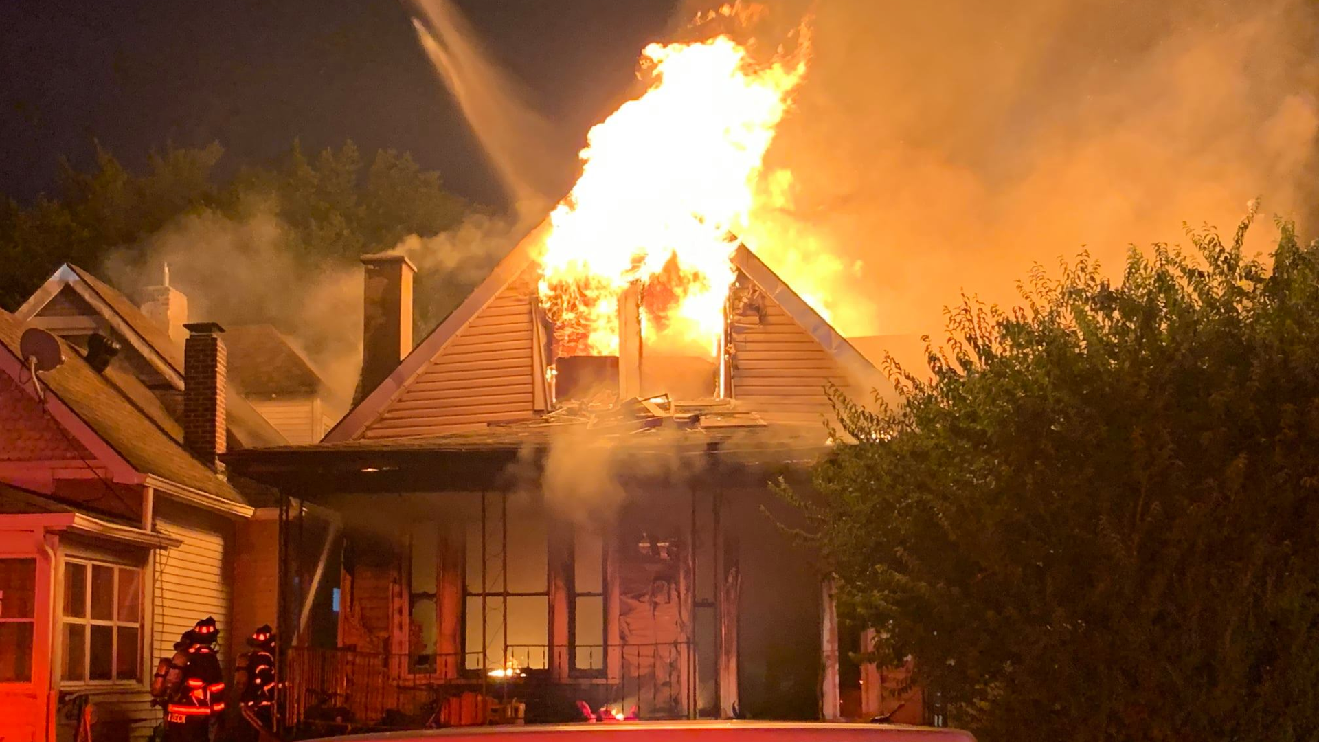 Five Indianapolis firefighters were injured--one seriously--when a fall gave way and the first responders fell 10 feet from the second to first floor during a house fire Monday.
