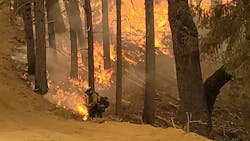 A firefighter works to contain the McFarland Fire in Shasta-Trinity National Forest in Redding, CA. A firefighter works to contain the McFarland Fire in Shasta-Trinity National Forest in Redding, CA.
