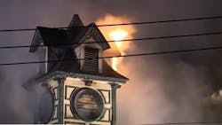 As many as 100 firefighters from 31 departments battled a three-alarm fire that broke out at a three-story historic building in New Hartford, CT, early Tuesday. As many as 100 firefighters from 31 departments battled a three-alarm fire that broke out at a three-story historic building in New Hartford, CT, early Tuesday.