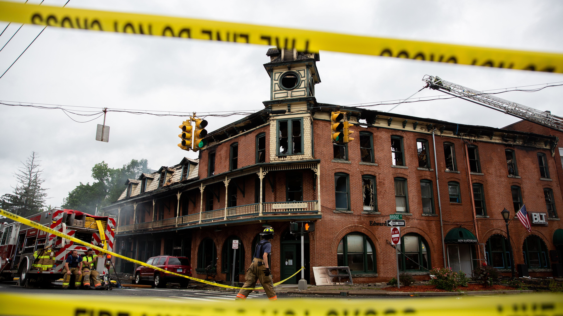 Firefighters from over 30 department worked for hours to put out a three-alarm fire that broke out at an historic building in New Hartford, CT, on Tuesday.