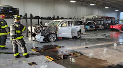 A Saukville, WI, firefighter was seriously injured battling a vehicle fire at a car dealership Monday.