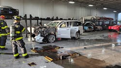 A Saukville, WI, firefighter was seriously injured battling a vehicle fire at a car dealership Monday. A Saukville, WI, firefighter was seriously injured battling a vehicle fire at a car dealership Monday.