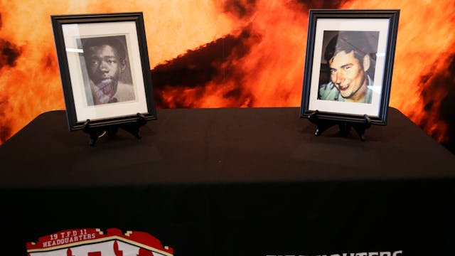 Pictures of Tampa, FL, Fire Rescue firefighter Isaac Royal (left) and District Chief Franz Warner are displayed during a memorial service at the Tampa Fire Museum on Wednesday.