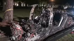Woodlands, TX, firefighters extinguished the flames of a Tesla that crashed and exploded in April, killing two people. Woodlands, TX, firefighters extinguished the flames of a Tesla that crashed and exploded in April, killing two people.