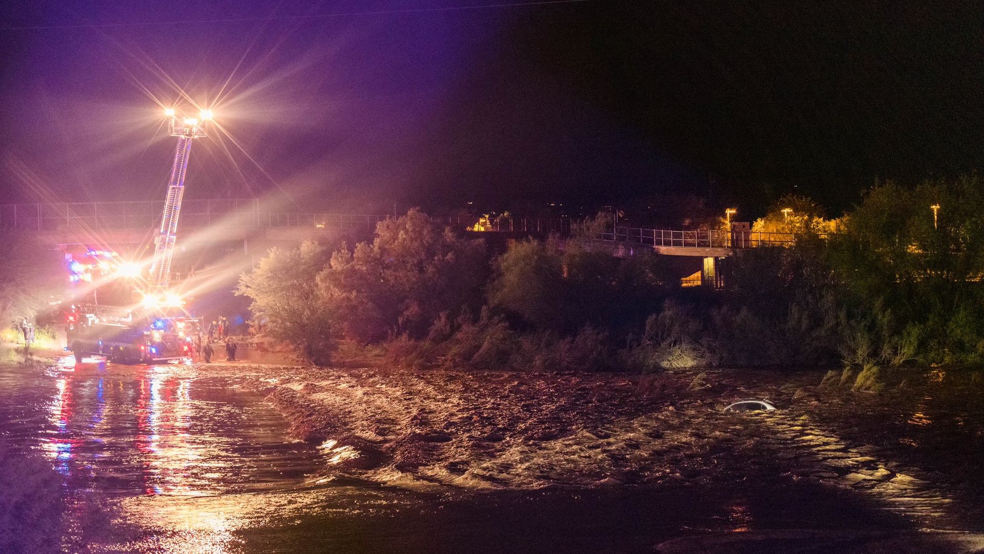 Tucson, AZ, and Northwest Fire District firefighters rescued a woman and dog who were stranded on a submerged car in the raging floodwaters of a wash Saturday.