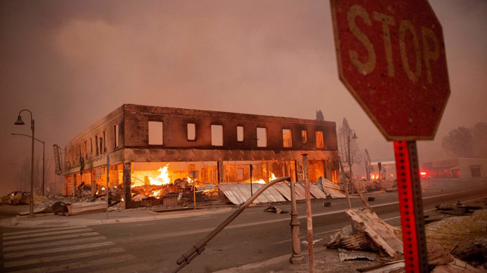 Buildings are left in ruin after the Dixie Fire tears through Greenville, CA, on Aug. 4, 2021.