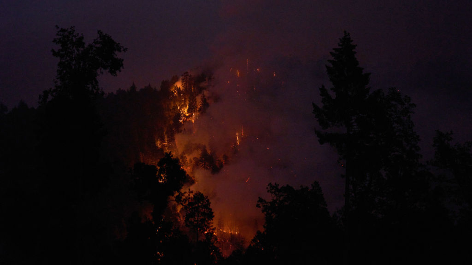 The Caldor Fire burns along a ridge close to Mormon Emigrant Trail on Aug. 19, 2021, in Pollock Pines, CA.