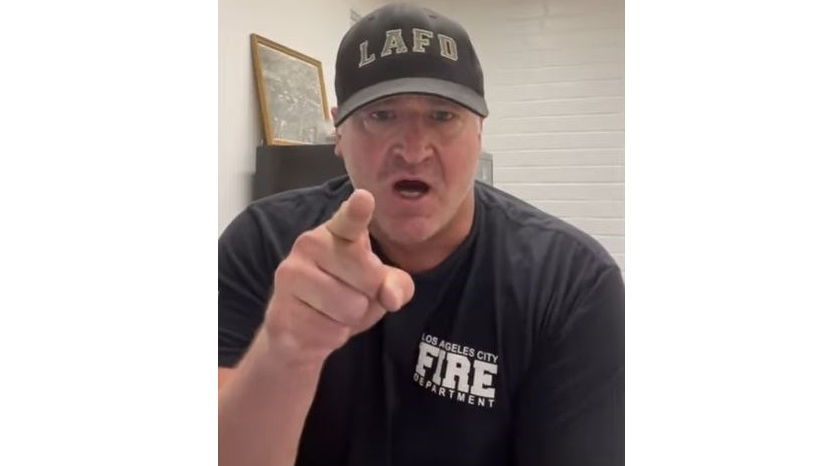 LAFD Capt. Cristian Granucci in a screenshot from a video he posted online in which he tears into a COVID-19 vaccine mandate for Los Angeles city employees.