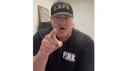LAFD Capt. Cristian Granucci in a screenshot from a video he posted online in which he tears into a COVID-19 vaccine mandate for Los Angeles city employees. LAFD Capt. Cristian Granucci in a screenshot from a video he posted online in which he tears into a COVID-19 vaccine mandate for Los Angeles city employees.
