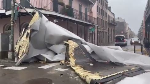 A portion of a roof sits on the street in the French Quarter of New Orleans after Hurricane Ida caused massive destruction across the city on Sunday, Aug. 29, 2021.