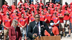 Springfield, MA, city councilor Justin Hurst speaks during a press conference on the steps of City Hall in support of firefighters getting merit pay for frontline workers.