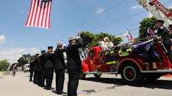 The casket of retired FDNY firefighter Ray Pfeifer drives away from a church on an antique fire truck on June 2, 2017 in Hicksville, NY. Pfeifer fought a years-long battle with cancer attributed to his work at Ground Zero and was instrumental in getting lawmakers to pass health-related legislation for 9/11 responders.