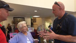 Firefighter Jim Miller discusses evacuation safety with residents of an independent-living community during a community health fair. Empowering firefighters to interact with elders beyond incidents is a component of SMFR’s Aging Matters CRR program. Firefighter Jim Miller discusses evacuation safety with residents of an independent-living community during a community health fair. Empowering firefighters to interact with elders beyond incidents is a component of SMFR’s Aging Matters CRR program.