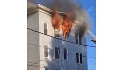 A fire burns on the sixth floor of an apartment building in Lewiston, ME, where a 70-year-old man leaped to escape the flames and died on Sept. 11, 2021. A fire burns on the sixth floor of an apartment building in Lewiston, ME, where a 70-year-old man leaped to escape the flames and died on Sept. 11, 2021.