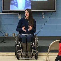 Kelli Bright Burke, who was left paralyzed after being ejected in a vehicle rollover, talks to students about her accident, injuries and post-accident life.