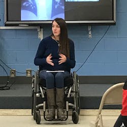 Kelli Bright Burke, who was left paralyzed after being ejected in a vehicle rollover, talks to students about her accident, injuries and post-accident life. Kelli Bright Burke, who was left paralyzed after being ejected in a vehicle rollover, talks to students about her accident, injuries and post-accident life.