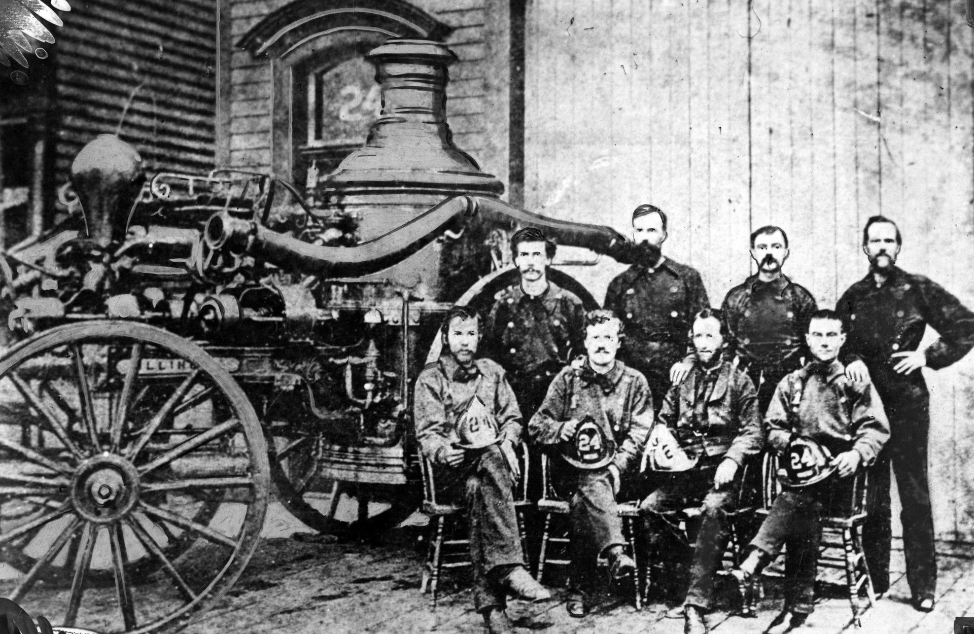 Firefighters that made up Engine Company No. 24 when this photo was taken fought the Great Chicago Fire back in 1871.