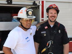 Steven Torrez (left) is wearing the helmet that was donated by MSA Cairns as he poses with Firefighter Gerry Dillman of the Twin Falls, ID, Fire Department. Steven Torrez (left) is wearing the helmet that was donated by MSA Cairns as he poses with Firefighter Gerry Dillman of the Twin Falls, ID, Fire Department.
