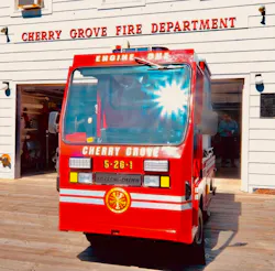 The custom mini-pumper built specifically for navigating the boardwalk community covered by the Cherry Grove Fire Department on New York's Fire Island. The custom mini-pumper built specifically for navigating the boardwalk community covered by the Cherry Grove Fire Department on New York's Fire Island.