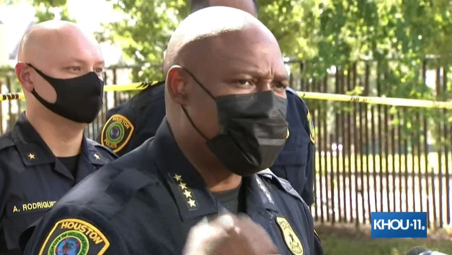 Houston Police Chief Troy Finner speaks about the fire and shooting at a press conference Sunday.