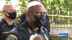 Houston Police Chief Troy Finner speaks about the fire and shooting at a press conference Sunday. Houston Police Chief Troy Finner speaks about the fire and shooting at a press conference Sunday.