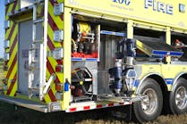 A compartment on the Malaga, NJ, Volunteer Fire Company&rsquo;s heavy rescue exemplifies the use of rotating trays (aka Lazy Susans). Here, the rotating tray includes a four-sided vertical column to accommodate four rescue tools. The base of the rotating tray has four latching locations to lock in each tool.