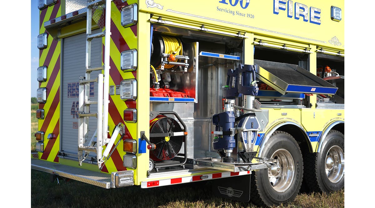 A compartment on the Malaga, NJ, Volunteer Fire Company&rsquo;s heavy rescue exemplifies the use of rotating trays (aka Lazy Susans). Here, the rotating tray includes a four-sided vertical column to accommodate four rescue tools. The base of the rotating tray has four latching locations to lock in each tool.