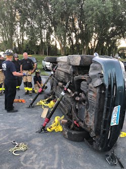 The ratchet strap’s connection, to keep the base of the rescue strut from kicking out under load, is one of the most challenging tasks of correctly placing a strut. The ratchet strap’s connection, to keep the base of the rescue strut from kicking out under load, is one of the most challenging tasks of correctly placing a strut.