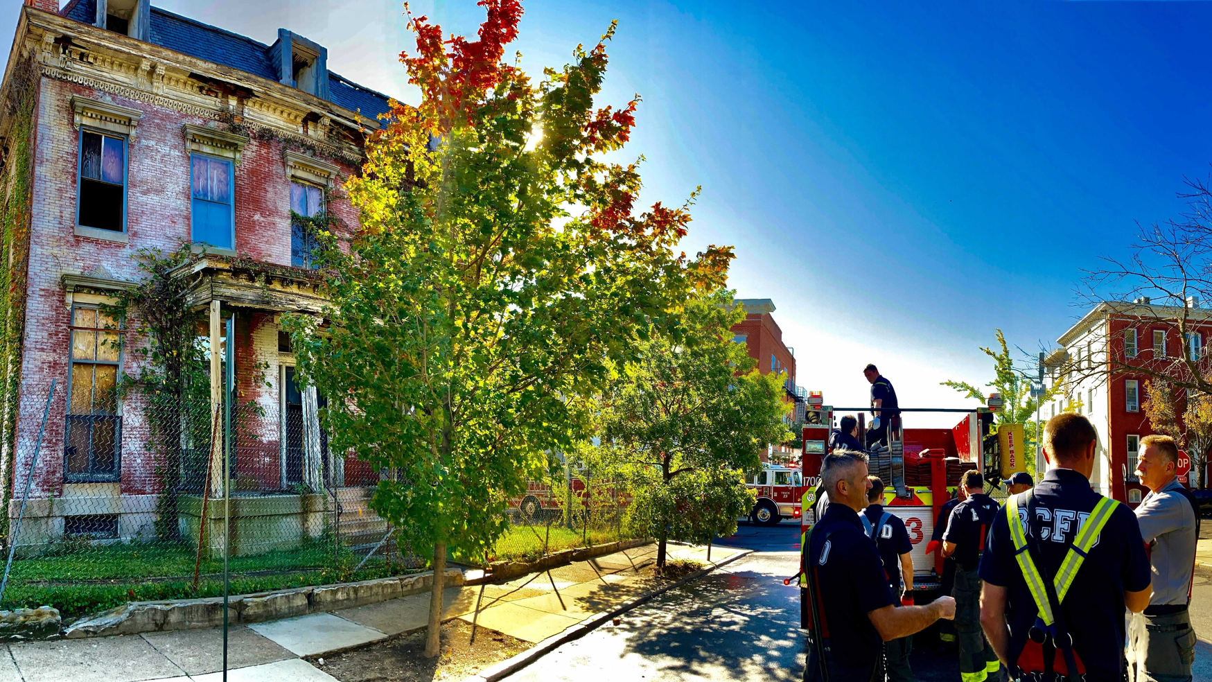 Firefighters on scene after a fire broke out at the historic Sellers Mansion in Baltimore on Wednesday, Oct. 27, 2021.