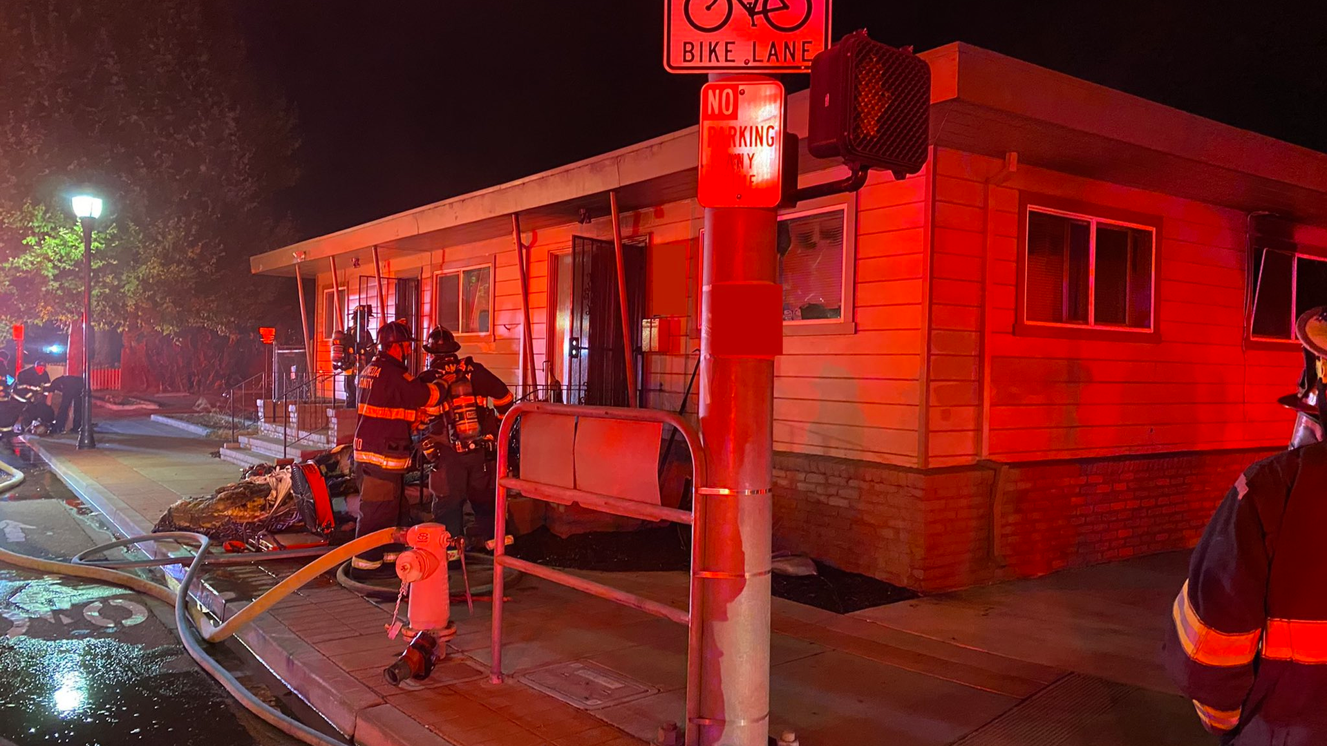 Alameda County firefighters on scene after a fire at an assisted care facility in San Lorenzo, CA, on Sunday, Oct. 17, 2021.