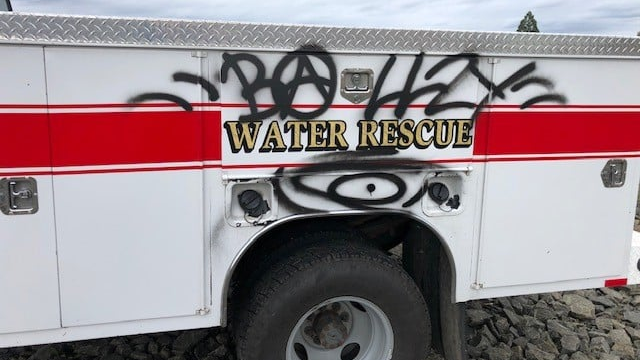 The Albany Fire vehicle was found tagged with graffiti about 40 miles away in Eugene.