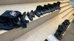 Pairs of boots placed at Seattle City Hall by firefighters protesting terminations related to the COVID-19 vaccine mandate on Tuesday, Oct. 19, 2021.