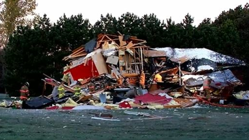 The aftermath of a home explosion in Cambridge, MN, on Saturday, Oct. 23, 2021.