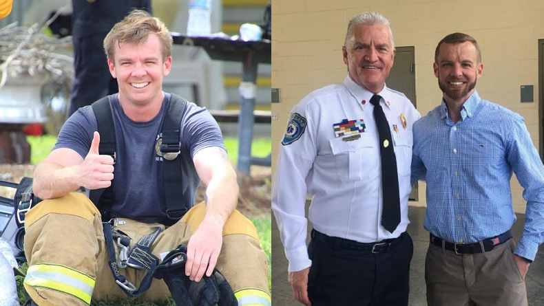 Lakeland firefighter/paramedic Clay Geiger prior to his cancer diagnosis (left) and in a recent photo with Lakeland Chief Douglas Riley upon returning to work after 16 months.