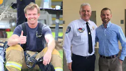 Lakeland firefighter/paramedic Clay Geiger prior to his cancer diagnosis (left) and in a recent photo with Lakeland Chief Douglas Riley upon returning to work after 16 months.