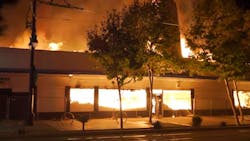 Fire consumes an abandoned commercial building in San Diego, CA, on Tuesday, Oct. 19, 2021. Fire consumes an abandoned commercial building in San Diego, CA, on Tuesday, Oct. 19, 2021.