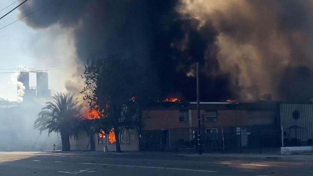 The La Tapatia tortilla factory and warehouse in Fresno, CA, burns on Sunday, Oct. 10, 2021.