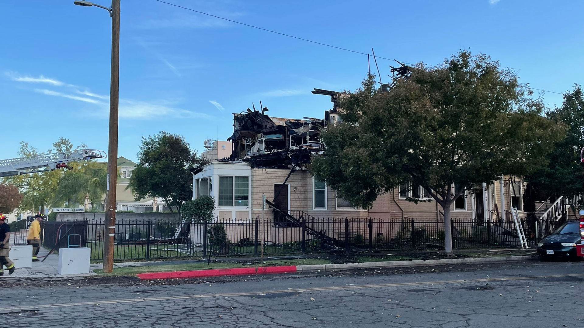 A women's addiction recovery home in ruins after a three-alarm fire in Fresno, CA, on Sunday, Oct. 17, 2021.