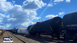 A derailed train in Oakland, CA, that required a hazmat response from the city's fire department on Monday, Oct. 19, 2021. A derailed train in Oakland, CA, that required a hazmat response from the city's fire department on Monday, Oct. 19, 2021.