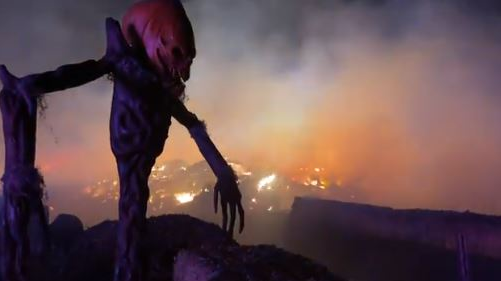 A screen capture from a video posted by South Metro Fire Rescue during a fire on a farm in Parker, CO, that destroyed a haunted house on Monday, Oct. 25, 2021.