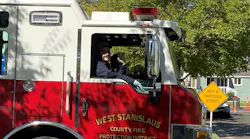 West Stanislaus firefighter Richard Gerety III gets a lift home from UC Davis Medical Center in an apparatus after undergoing treatment for severe burns he suffered battling the Caldor Fire in August.